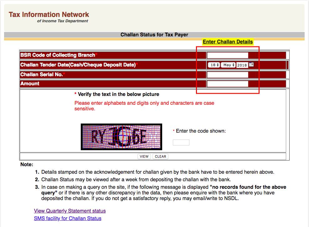 enquiry of challan status