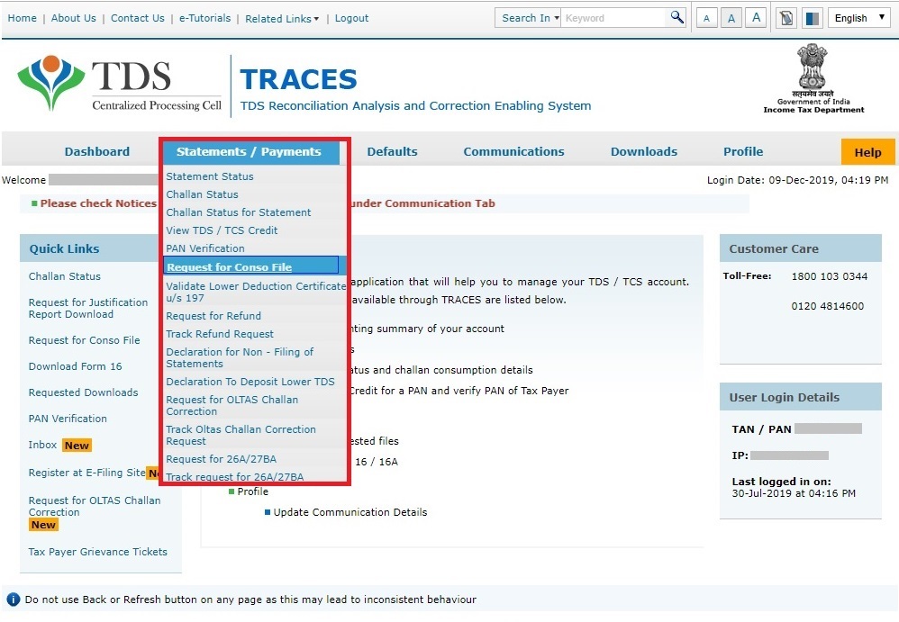 TDS Conso File – TRACES Portal